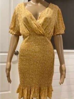 Lumiere Mustard Yellow Smocked Wrap Mini Dress